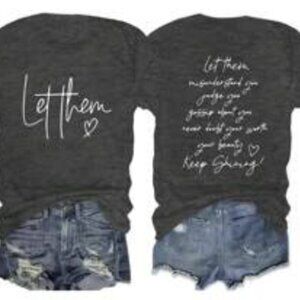 "Let Them" Printed Round Neck Short Sleeve Casual T-Shirt Dark Gray